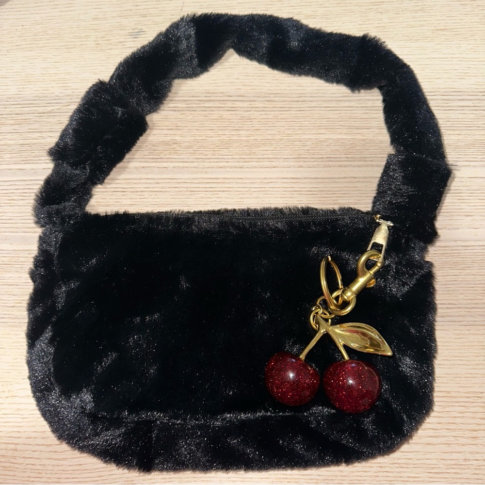 NIP FREE 🍒 Bag Charm Elegant Mini Black Faux Fur Plush Shoulder Bag